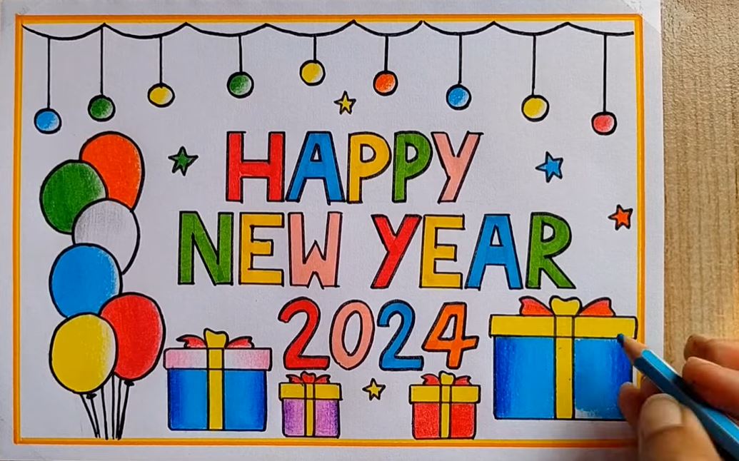 Happy New Year 2024 Drawing with Colour [Easy Work] 2D, 3D